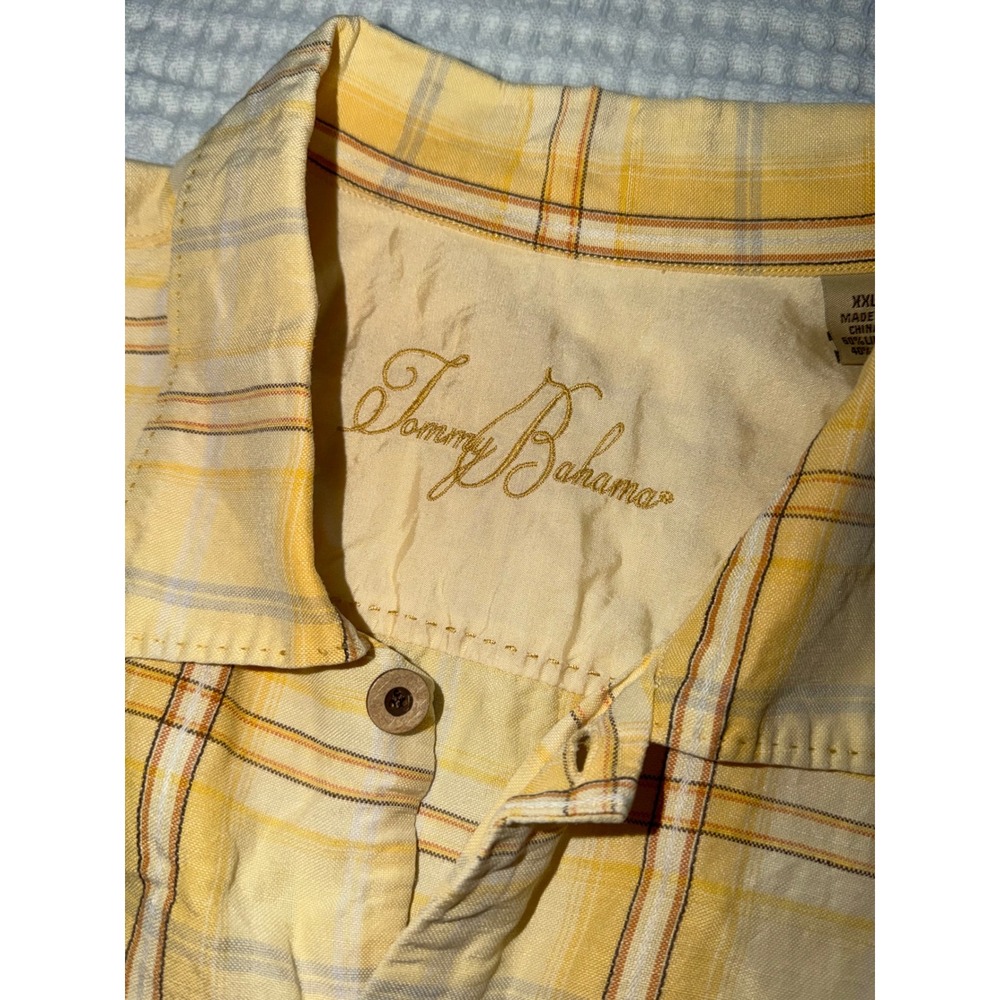 Tommy Bahama Button Up Shirt Mens XXL Yellow Plaid Linen Blend Short Sleeve